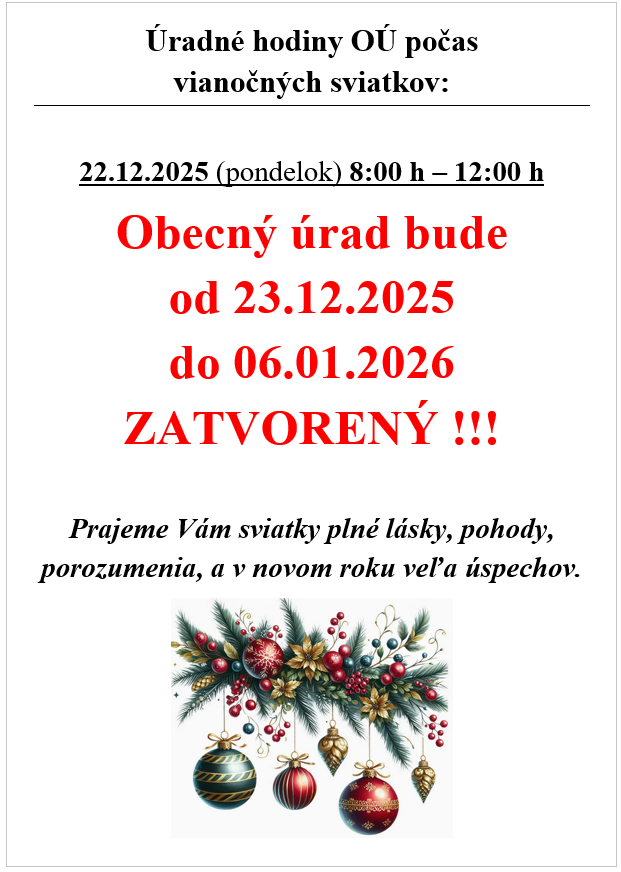 úrradné hodiny počas vianočných sviatkov