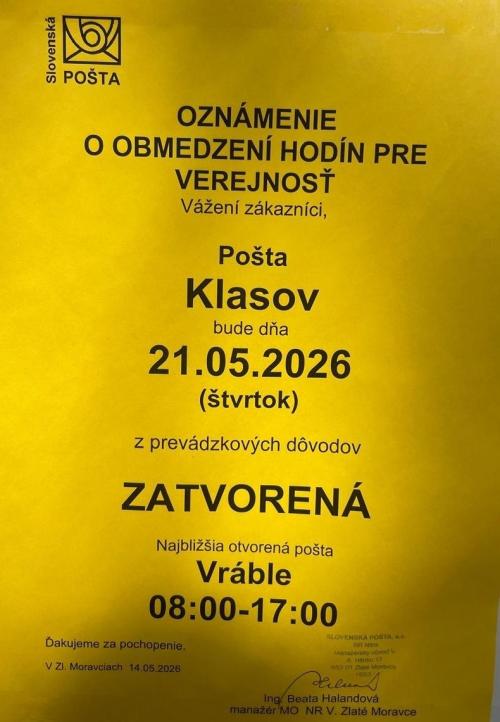 oznam o zatvorení pošty